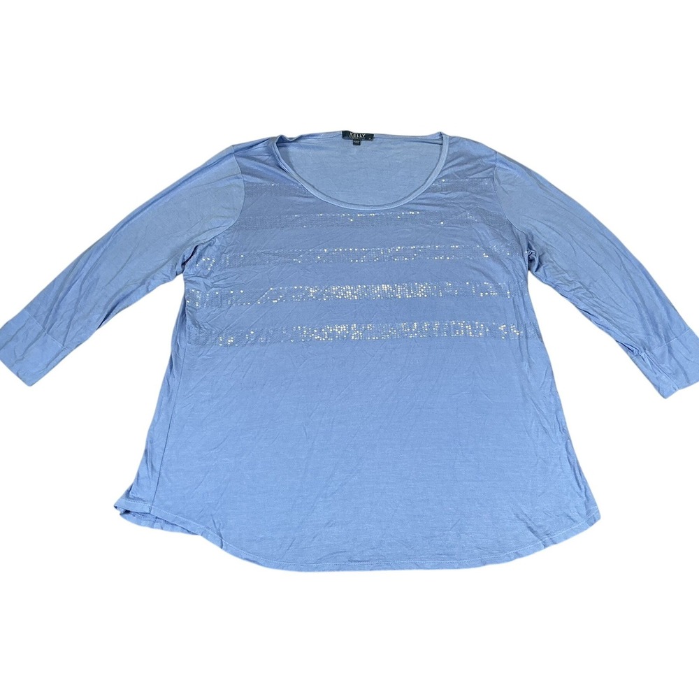Kelly by Clinton Kelly 1X Blue Sequin Striped 3/4 Sleeve‎ Stretch Top Plus